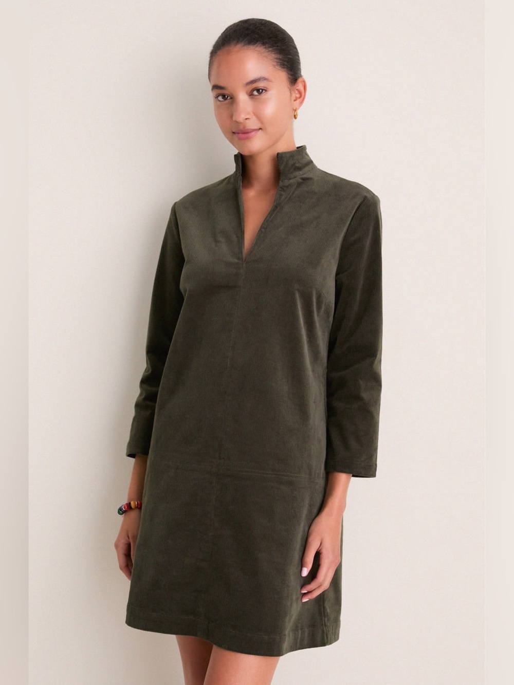 Tuckernuck Olive Corduroy Clifton Dress Mini Notch Neck 3/4 Sleeves Green